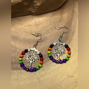 Drop hoop earrings/silver tree of life inside charm/multi colored glass beads